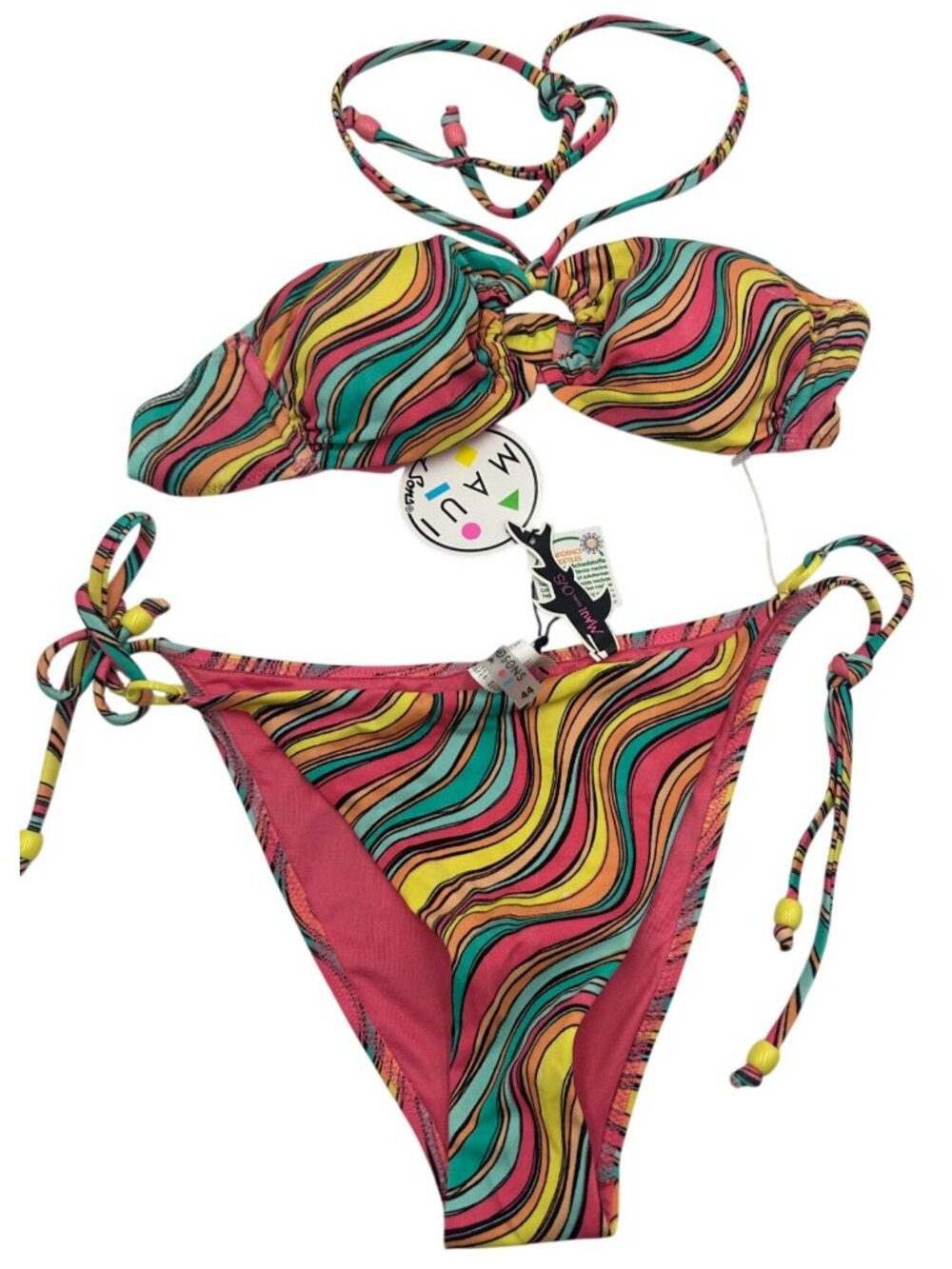 Maui & Sons Womens Bikini Swimsuit 8 Multicolor Stripe Halter Top & Tie Bottom
